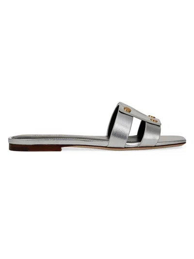 Veronica Beard Via Metallic Flat Slide Sandals In Silver