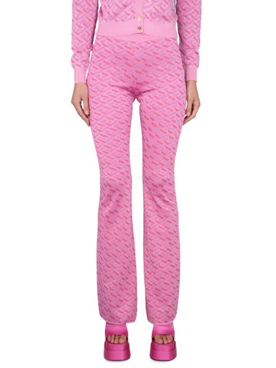 Versace La Greca Pattern High-rise Flared Pants In Pink