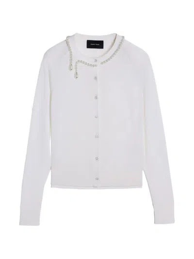 Simone Rocha Merino Silk Cardigan With Embroidered Pearl Neckline In Blue