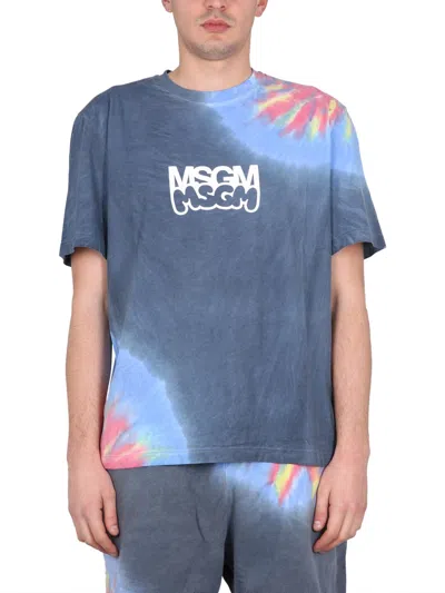 Msgm Bold Logo Tie-dye T-shirt In Blue