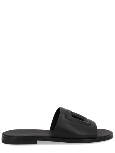 Dolce & Gabbana Black Sandals With Dg Logo Cut-out In Leather Man In Black
