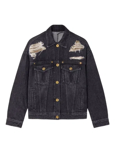 Versace Denim Jacket Distressed Front Pockets In Blue