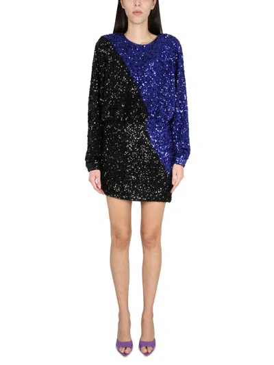 Rotate Birger Christensen Color Block Sequined Mini Dress With Long Sleeves In Blue