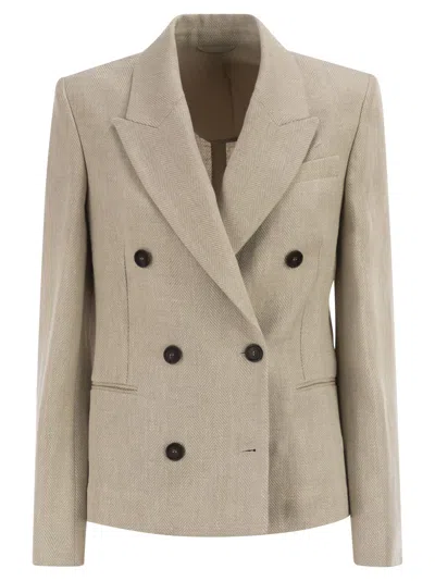 Brunello Cucinelli Women Double-breasted Jacket In Linen And Cotton With Chevron Pattern In Neutral