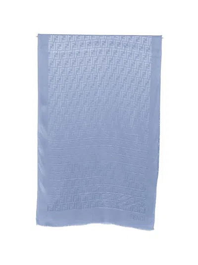 Fendi Ff Silk Stole Rectangular Shape Frayed Edges In Blue