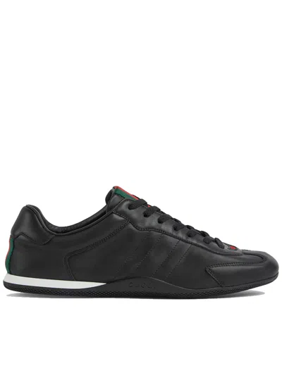 Gucci Men Black Low Top Sneakers With Web Tongue In Leather Man In Black