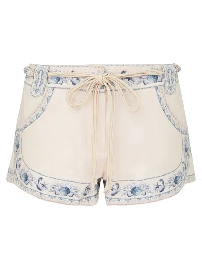 Zimmermann Wanderlust Mini Shorts Embroidered Pockets Beltloops In Neutral
