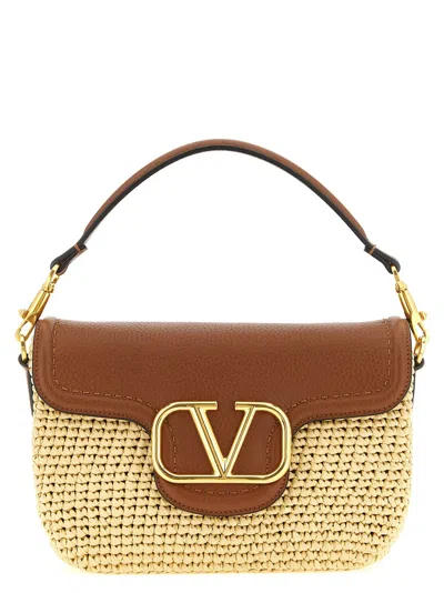Valentino Garavani  Garavani Alltime Shoulder Bag In Raffia And Grainy Calfskin With Ribbon In Brown