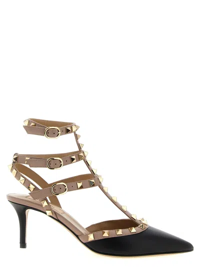 Valentino Rockstud Caged 65 Patent Ankle Strap Pump In Black