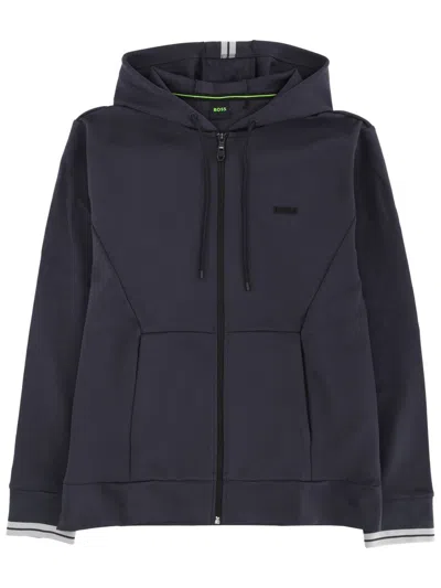 Hugo Boss Navy Blue Solid Hood Sweatshirt In Blue