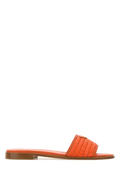 Prada Raffia Open Toe Flat Sole Slides In Orange
