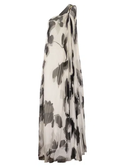 Max Mara Chiffon Dress With An All-over Printasymmetrical Neckline With Metal Detail On The Left Shoulder In White