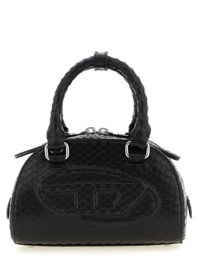 Diesel 1dr Dome-mini Bowling Bag In Snake-effect Leather In Black