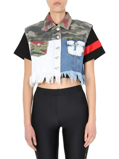 Gcds Cropped Denim Vest With Patchwork Design In Multi