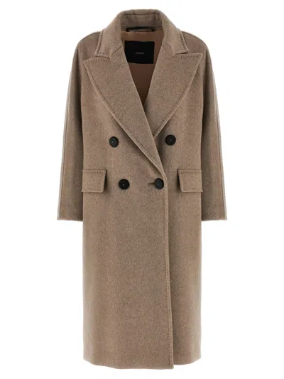 Max Mara Longline Double-breasted Coat Featuring Leather Undercollar In Brown