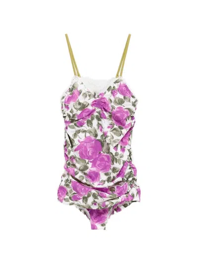 Chloé Bow-detailed Ruched Lace-trimmed Floral-print Swimsuit In Pink