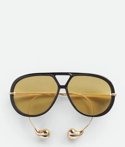 Bottega Veneta 'aviator' Black And Yellow Sunglasses With Metal Temples With Drop Detail In Recycled In Yellow