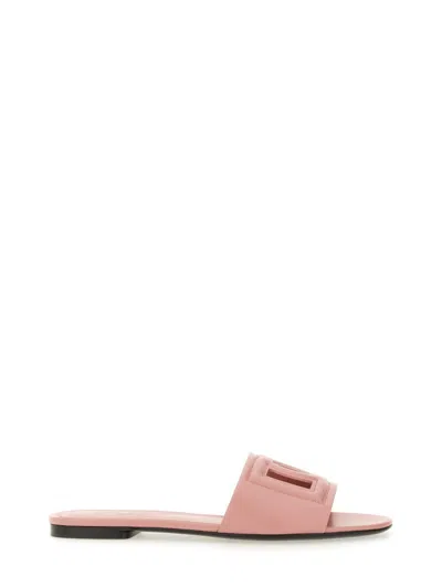 Dolce & Gabbana Women Pink Slide Sandals With Cut Out Logo In Leather Woman In Pink