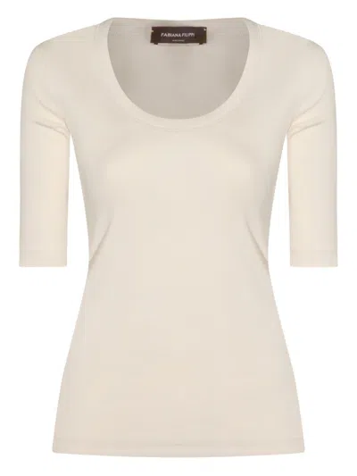 Fabiana Filippi Ribbed Cotton Jersey U Neck T-shirt Filo Diamante Detail In White