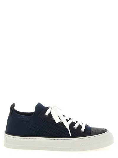 Brunello Cucinelli Bead-embellished Suede-trimmed Stretch-knit Sneakers In Blue