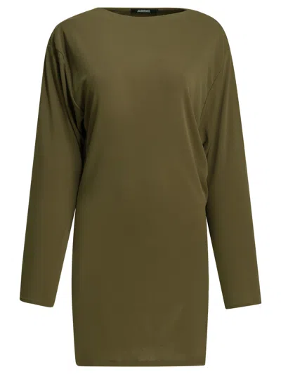 Jacquemus The Mistral Open-back Draped Jersey Mini Dress In Green