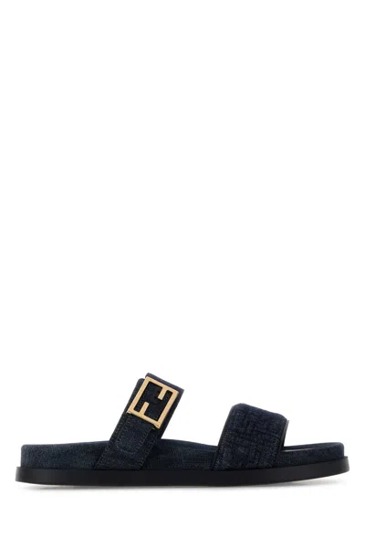 Fendi Double-band Embroidered Slides With Decorative Buckle In Multi