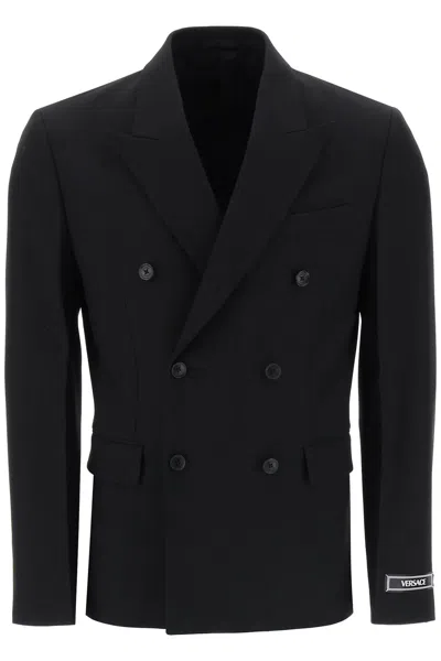 Versace Virgin Wool Double-breasted Blazer In Black