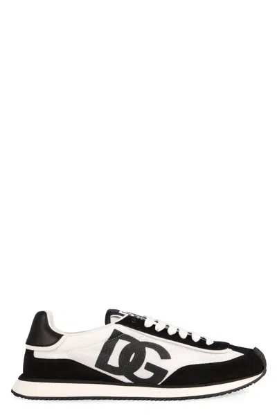 Dolce & Gabbana Aria White And Black Running Sneakers With Logo Detail In Suede And Tech Fabric Man In Black