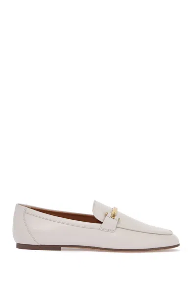 Tod's White Calfskin Moccasin With Gold Bar And Velcro Closure In Multi