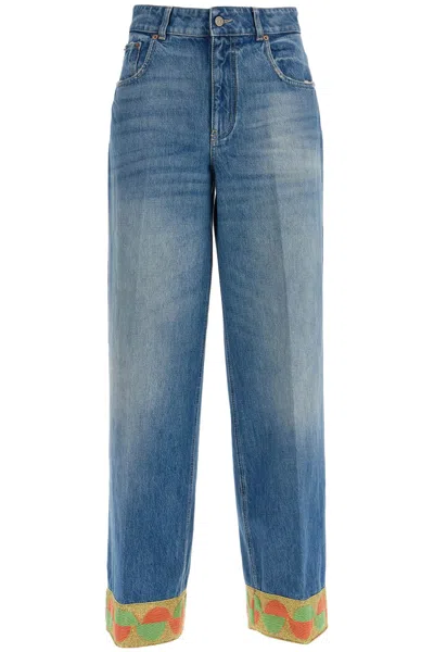Valentino Wide Leg High Waist Jeans With Colorful Trim In Medium Blue In Blue