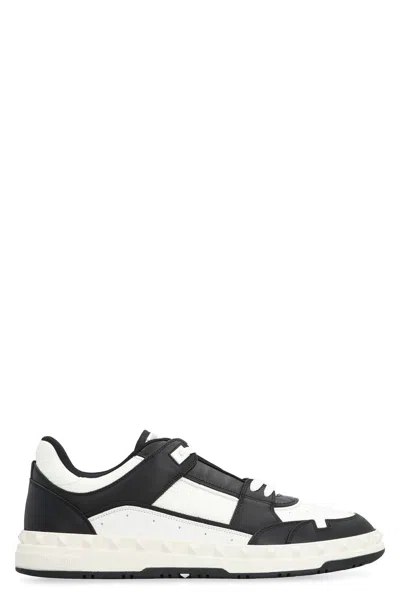 Valentino Garavani 'freedots' White And Black Low Top Sneakers With Studs In Leather Man