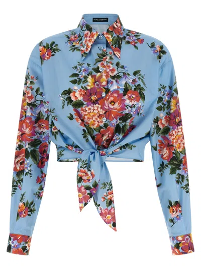 Dolce & Gabbana Floral Shirt Collared Neck Long Sleeves Tie Front In Blue