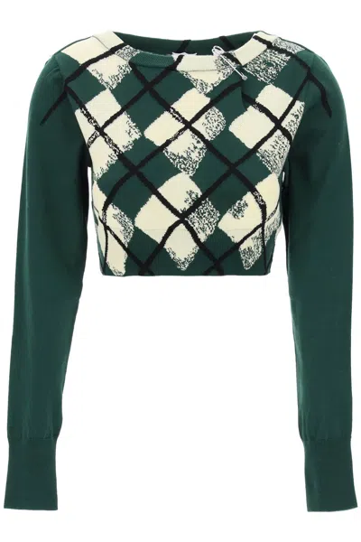 Burberry Dark Green Argyle Pattern Sweater In Green