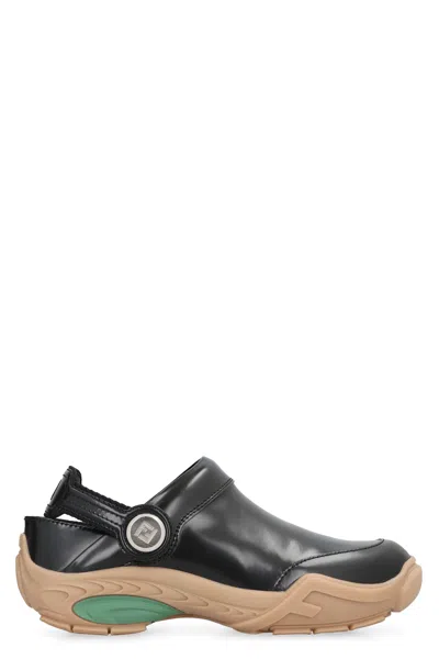 Fendi Ff-embroidered Leather Clogs In Black