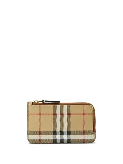 Burberry Mini Leather Wallet With Iconic Check Pattern And Zip Closure In Brown