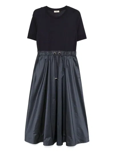 Herno Blue Crewneck Midi Dress With Elastic Drawstring Waist And Panelled Design In Tech Fabric Woman In Black