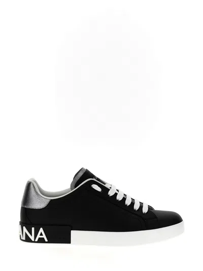 Dolce & Gabbana Portofino Sneakers In Black Leather With Silver Inserts Dolce E Gabbana In Black