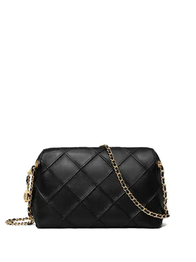 Tory Burch Fleming Black Diamond Quilted Shoulder Bag With Chain-link Shoulder Strap In Leather Woman In Black