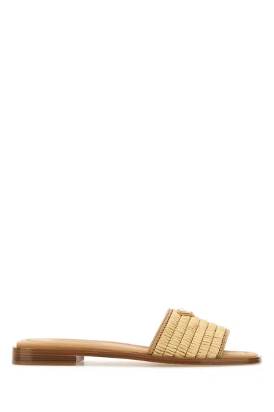 Prada Triangle Logo Raffia Flat Slide Sandals In Neutral