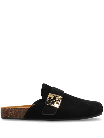 Tory Burch Mellow Black Slip-on Mule With Metallic Logo Buckle In Suede Woman