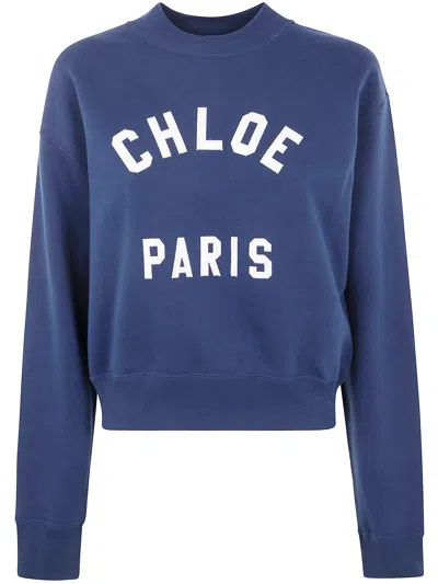 Chloé Blue Crewneck Sweatshirt With Logo Lettering Print In Cotton Woman In Blue