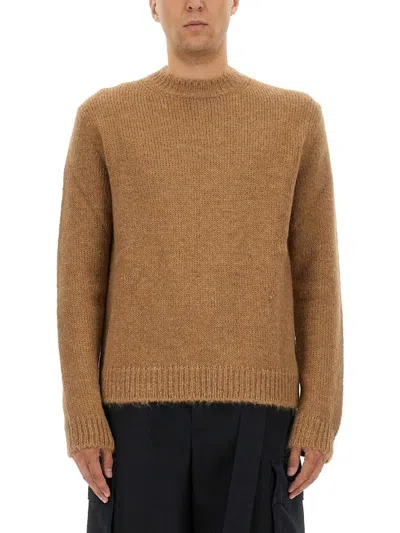 Jil Sander Brown Alpaca-wool Blend Crewneck Sweater With Ribbed Cuffs In Brown