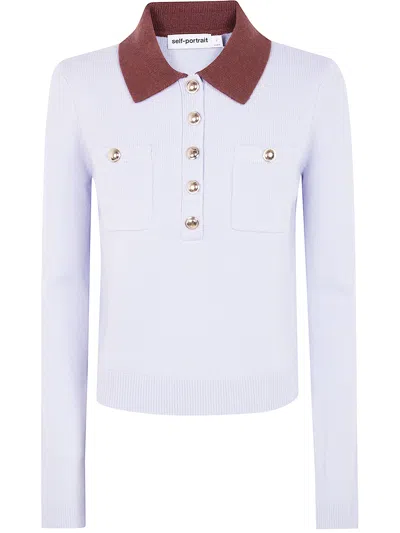 Self-portrait Knit Top Contrasting Collar Front Pockets In White