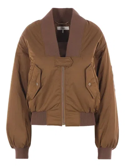 Chloé Women Brown Bomber Jacket With V Neck And Front Zip Closure In Tech Fabric Woman In Brown