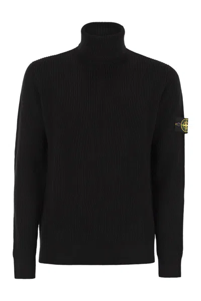Stone Island Ribbed Wool Turtleneck Pullover In Black