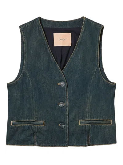 Twinset Denim Vest With Front Pockets And V-neckline In Blue