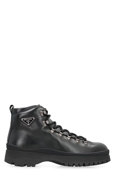 Prada Mens Black Brixxen Triangle-plaque Leather Ankle Boots Eur 44.5 / 10.5 Uk In Multi