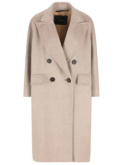 Max Mara Longline Double-breasted Coat Featuring Leather Undercollar In Neutral