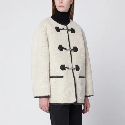 Dunst Collarless Buckled Shearling Jacket Cream In White