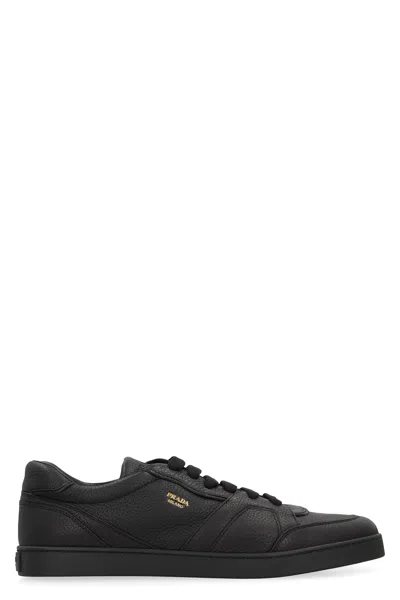 Prada Hammered Leather Low-top Sneakers In Black
